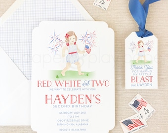 May include: Red, white, and blue invitation for a second birthday party. The invitation features a girl holding a small American flag and fireworks in the background. The text on the invitation reads "Red, White and Two, We want to celebrate with you! Hayden's Second Birthday, Saturday, July 2nd, 1 to 3 PM, 1080 Fitzgerald Drive, Birmingham, Alabama, Regrets 123.456.7890".