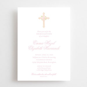 May include: A white card with pink text announcing a dedication ceremony for Emma Hazel Elizabeth Havranck. The ceremony will take place on Sunday, April 14, 2024 at 10:30 AM at Valleydale Church in Birmingham. The card includes the church address and details about a luncheon to follow at the Havranck home. The card features a gold cross with pink flowers.