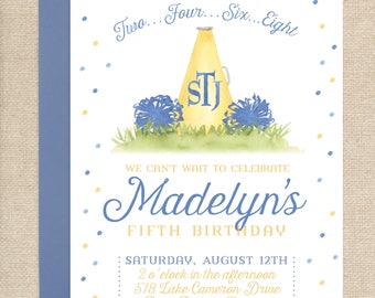 Watercolor Cheerleader Invitation // printable // printed // digital // birthday // cheer // pom // megaphone // pom poms // birthday