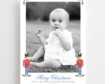 Aquarelle Toy Solider Christmas Card // garçon // Noël // naissance // nouvel an // casse-noisette // ruban // houx // bleu // rouge // bébé