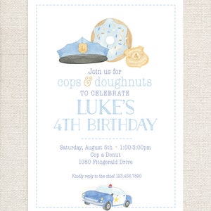 Watercolor Cops and Doughnuts Invitations // printable // printed // digital // policeman // donuts // cops // police car // police badge