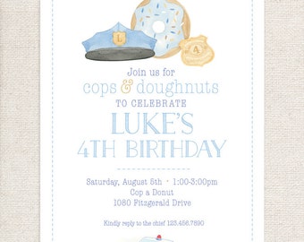 Watercolor Cops and Doughnuts Invitations // printable // printed // digital // policeman // donuts // cops // police car // police badge