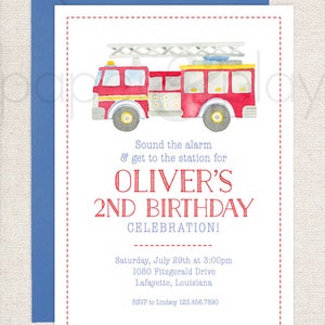 Watercolor Firetruck Invitations // printable // digital // printed // fireman // fire // birthday // dalmation // truck // boy