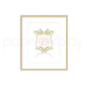 Impression d'art écusson floral rose // monogramme // floral // mono // initiales // noeud // fille // chambre de bébé // tableau // aquarelle