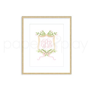 Pink Floral Crest Art Print // monogram // floral // mono // initials // bow // girl // nursery // painting // watercolor