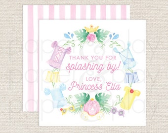 May include: A pink and white striped background with a white card featuring a watercolor illustration of a princess with a crown, a carriage, and various accessories. The text on the card reads "Thank you for splashing by! Love, Princess Ella".
