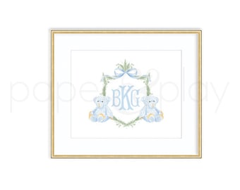 Aquarelle Porcelaine Ours Art Print // monogramme // floral // monogramme // initiales // arc // garçon // chambre d’enfant // peinture // aquarelle // bébé