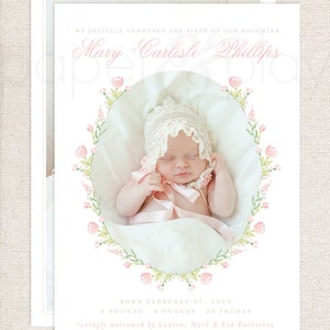 Watercolor Floral Birth Announcement // printed // girl // floral // monogram // photo // crest // 2-sided