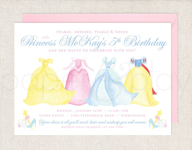 strapless open back dress Princess Tea Party printable Birthday Invitation by Wants and Wishes