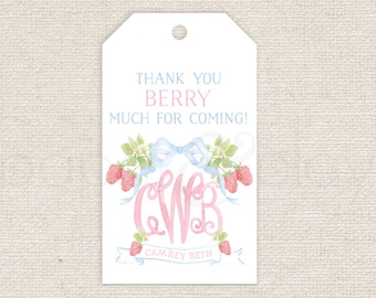 Watercolor Strawberry Favor Tags // birthday // party // bow // berry // crest // monogram // girl // thank you // treat // gift