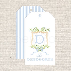 24 Monogram Blue Floral Crest Enclosure Cards // family // calling card // birthday // tag // gift // monogram // shower // baby // boy