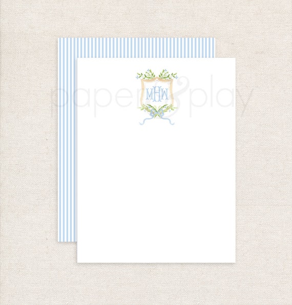 Watercolor Blue Floral Monogram Crest Thank You Cards // notecards //  envelopes // baby // gift // monogram // boy // family // crest