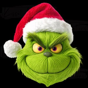 Puede incluir: Un personaje verde y peludo con una sonrisa traviesa, que lleva un gorro de Papá Noel rojo y blanco. El personaje tiene ojos amarillos con pupilas moradas y una nariz verde. La imagen está sobre un fondo negro, creando un tema festivo de vacaciones.