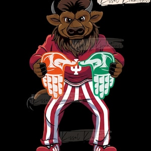 Puede incluir: Ilustración de dibujos animados de una mascota de bisonte que lleva una camiseta roja con la letra "I" y sostiene manos de espuma naranja y verde. La mascota lleva pantalones a rayas rojas y blancas y zapatillas rojas. El fondo es negro.