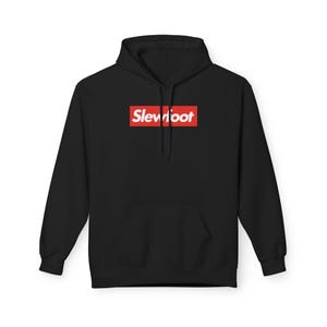 May include: Black hooded sweatshirt with a front pocket and drawstring. The sweatshirt features a red rectangular logo with the white text "Slevroot". The hoodie is a casual garment.