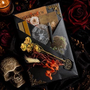 May include: A black envelope with gold metal corner accents containing paper ephemera, a small black pen, and stickers. A dried flower arrangement is attached to the front with a black wax seal featuring a rose design.
