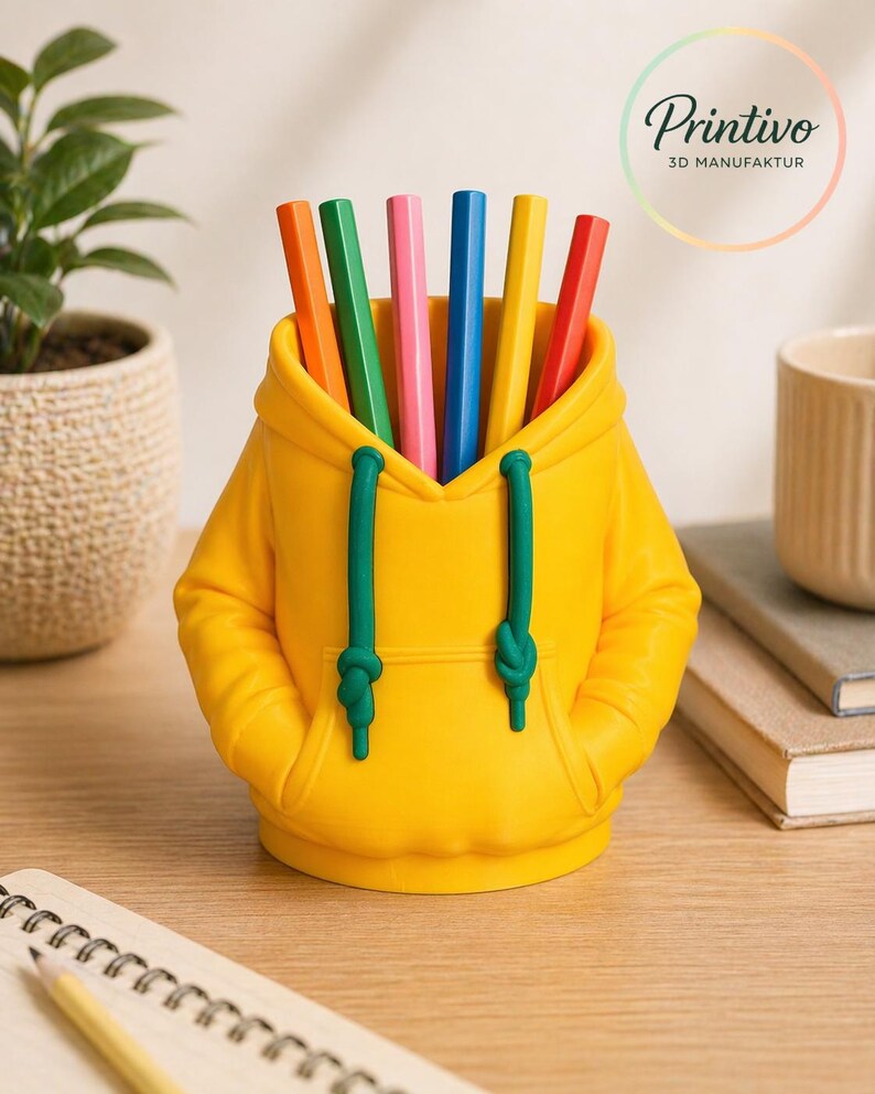 May include: A yellow pencil holder shaped like a hoodie, with green drawstrings and a front pocket. The holder contains several colored pencils in orange, green, pink, blue, yellow, and red. The Printivo logo is visible in the background.