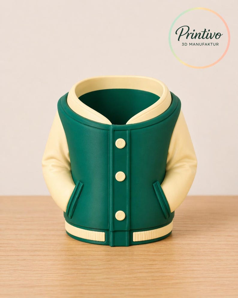 May include: A green and cream-colored varsity jacket-shaped container. The container has a green body with cream-colored sleeves and collar. It features three white buttons down the front and a cream-colored band at the bottom. The container is on a wooden surface.