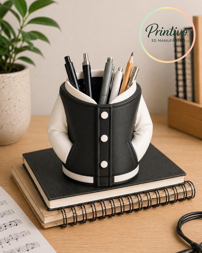 May include: A black and white varsity jacket-shaped pen holder filled with pens and a pencil. The pen holder sits on top of a black notebook and a spiral-bound notebook. The Printivo logo is visible in the background.
