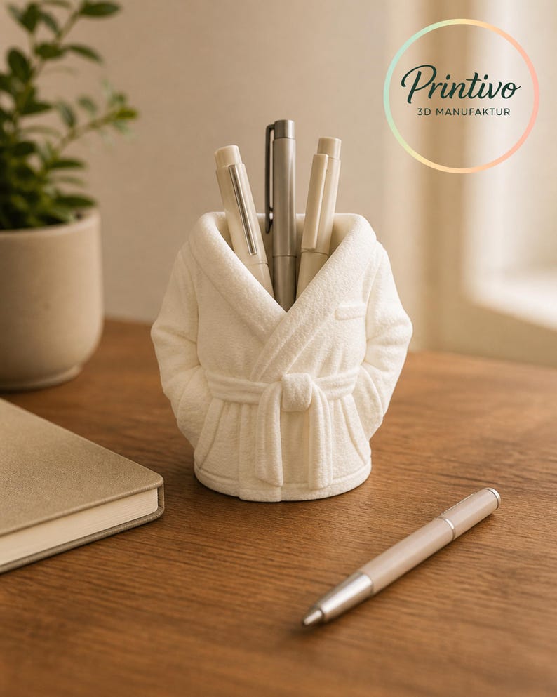 May include: A white pen holder shaped like a bathrobe, holding several pens. The pen holder is on a wooden surface, with a notebook and a pen nearby. The logo "Printivo 3D MANUFAKTUR" is visible in the background.