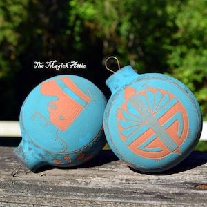 Two Vintage Turquoise Terracotta Indigenous Christmas Tree Pottery Ornaments ~  Acoma Pueblo New Mexico Signed By Potter - Native Love