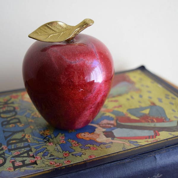 Vintage Red Marble Apple w/Brass Stem & Leaf - Mid Century, Modern, Contemporary