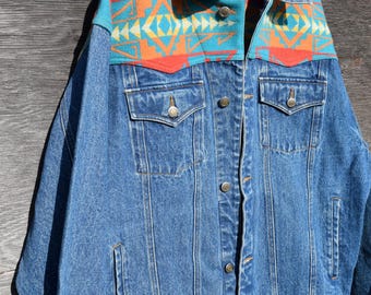Life on the Red Road ~ Pendleton Wool Print Jean Jacket - Large - High Grade Western Wear, Native Indigenous Love