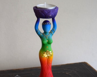 Chakra Goddess Statue / Tea Light Candle Holder ~ Energy Wheels, Reiki Healing,  Crown, Third Eye, Throat, Heart, Solar, Sacral, Root