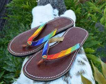 Desert Destination ~ Bright Beaded Leather Sandals ~ Women's Size 8 ~ Indigenous Native Love