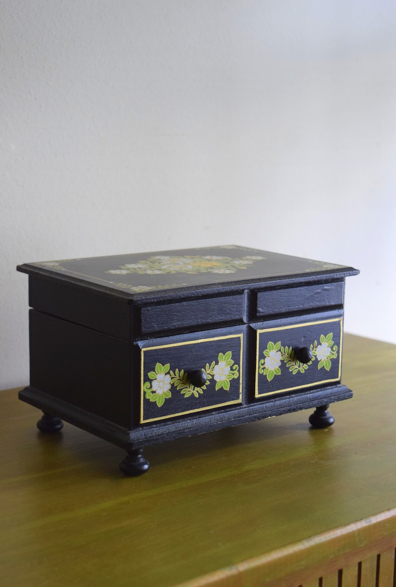 Unique Vintage Black Wood Floral Box Earth Inspired Mid Century Modern Natural Eclectic