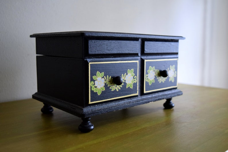 Unique Vintage Black Wood Floral Box Earth Inspired Mid Century Modern Natural Eclectic