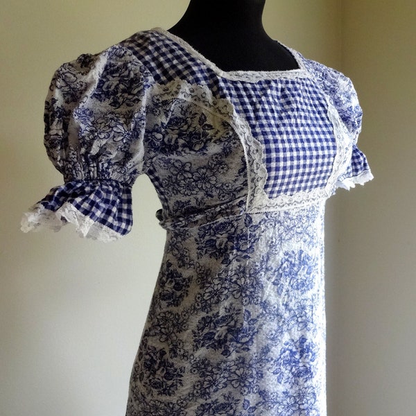 Vintage 1980's blue and white checkered floral cotton prairie dress with puffed sleeves and white lace