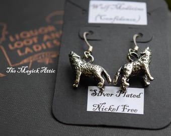 The Back Roads ~ Silver Tone Wolf Medicine Dangle Charm Earrings ~ For Pierced Ears ~ Full Moon, Courage, Discipline, Self-Confidence