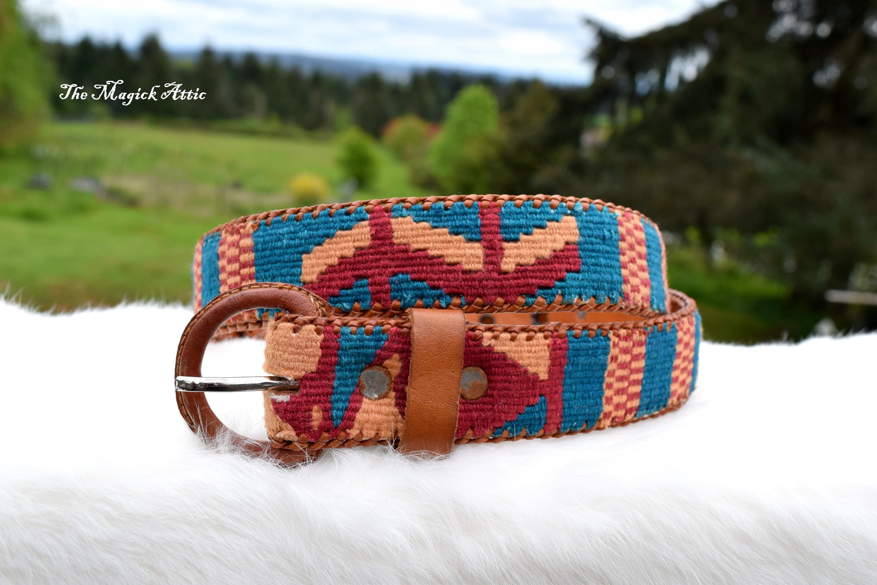 Vintage Tapestry Woven Belt with Antique Brass Buckle - Red & Teal Zunil Handwoven Maya Belt | Artisan Woven Belt | Antigua Threads main image 3