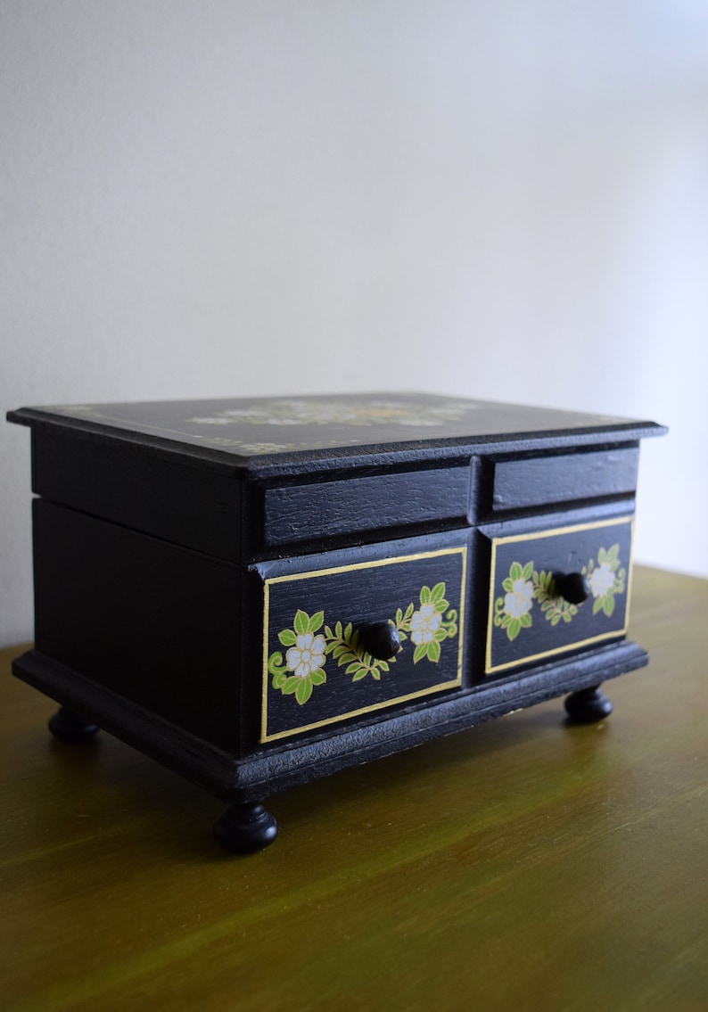 Unique Vintage Black Wood Floral Box Earth Inspired Mid Century Modern Natural Eclectic