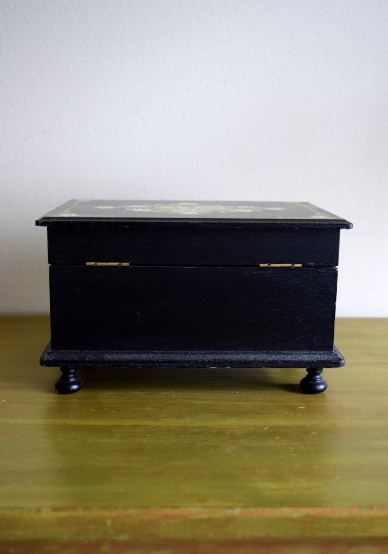 Unique Vintage Black Wood Floral Box Earth Inspired Mid Century Modern Natural Eclectic