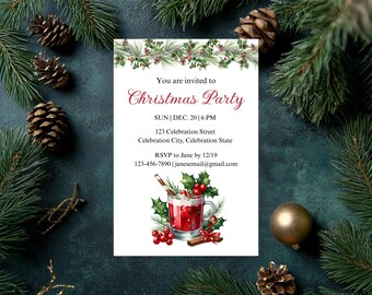 May include: A Christmas party invitation with text and festive illustrations. The invitation includes details such as the date, time, and location. The design features a watercolor illustration of a holiday drink and decorative greenery.