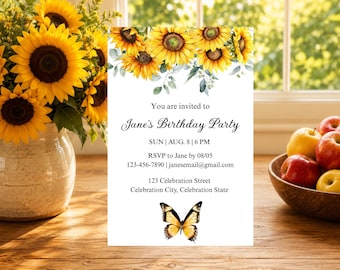 Puede incluir: Una tarjeta de invitación rectangular para fiesta de cumpleaños con un borde de acuarela de girasoles y eucalipto en la parte superior y una mariposa amarilla en la parte inferior. El texto dice: You are invited to Jane's Birthday Party, SUN | AUG. 8 | 6 PM, RSVP to Jane by 08/05, 123-456-7890 | janesemail@gmail.com, 123 Celebration Street, Celebration City, Celebration State.