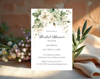 May include: A white invitation card for a bridal shower, adorned with watercolor floral arrangements in white and green. The card includes event details: "Join us for a Bridal Shower" honoring Jane Brown, date, time, and RSVP information.