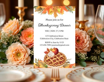 Bearbeitbare Thanksgiving-Dinner-Einladungsvorlage | Digitale Danksagungs-Einladung | Ausdruckbare Danksagungs-Einladung