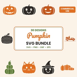 Può includere: Un set grafico digitale che presenta 30 design Pumpkin SVG Bundle, tra cui varie illustrazioni di zucche, un camion con zucche, una zucca a forma di gatto e una zucca con cappello da strega in arancione, nero e verde con testo.
