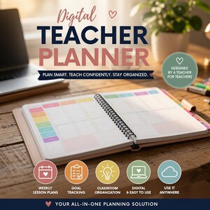 Op de afbeelding: Een digitale lerarenplanner met spiraalbinding, open op een lege weekindeling. De tekst luidt Digital Teacher Planner, Plan Smart. Teach Confidently. Stay Organized., Designed by a teacher for teachers, en Weekly Lesson Plans, Goal Tracking, Classroom Organization, Digital & Easy to Use, Use it Anywhere, Your all-in-one planning solution.