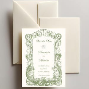 Pode incluir: Conjunto de convites de casamento em marfim com um cartão Save the Date com uma moldura floral verde ornamentada. O cartão inclui os nomes Anastasia e Matthew, juntamente com espaço para a data, local e site. Inclui envelopes.