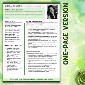 May include: A professional CV document for Linda Blunt, a full-stack developer. It features a black and white headshot, a professional summary, education details, technical skills, and work experience sections with text in black on white.