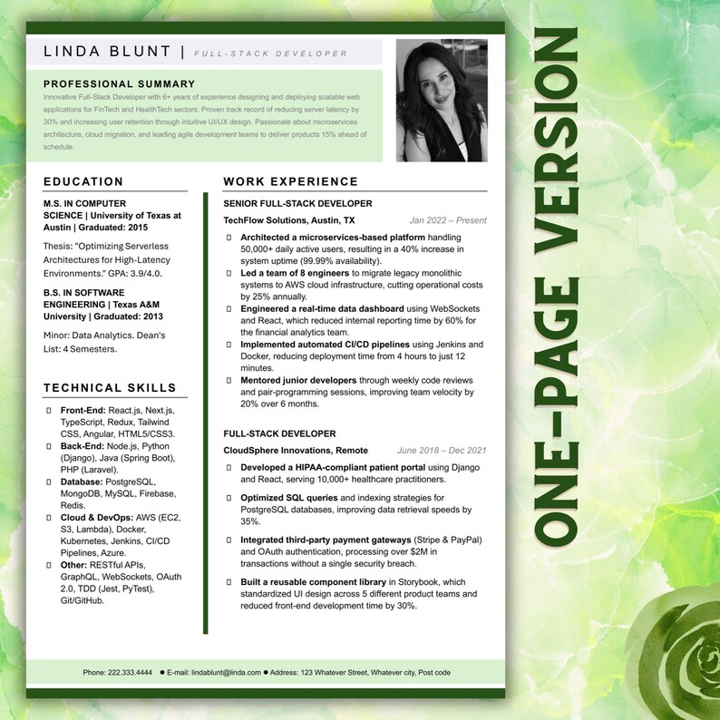 May include: A professional CV document for Linda Blunt, a full-stack developer. It features a black and white headshot, a professional summary, education details, technical skills, and work experience sections with text in black on white.