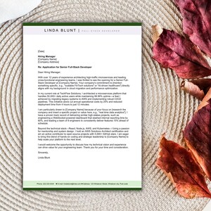 May include: A white document titled Linda Blunt Full-Stack Developer containing a formal cover letter template with placeholders for contact information, professional experience, and technical skills, featuring a green header and footer bar.