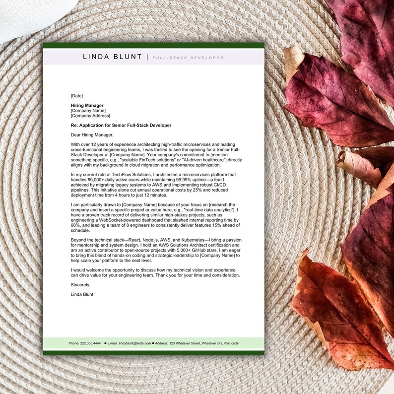 May include: A white document titled Linda Blunt Full-Stack Developer containing a formal cover letter template with placeholders for contact information, professional experience, and technical skills, featuring a green header and footer bar.