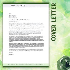 May include: A professional cover letter template for a Senior Full-Stack Developer named Linda Blunt. The document features a white background with dark green borders, black text, and the words COVER LETTER printed vertically in dark green.