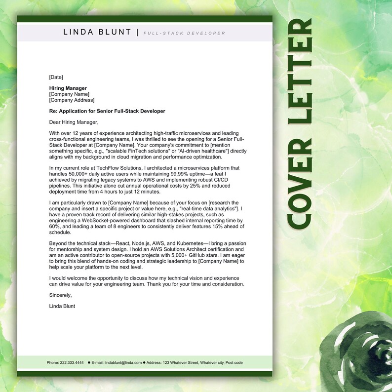 May include: A professional cover letter template for a Senior Full-Stack Developer named Linda Blunt. The document features a white background with dark green borders, black text, and the words COVER LETTER printed vertically in dark green.