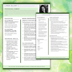 May include: A two-page professional CV for Linda Blunt, a full-stack developer. The document includes a black-and-white headshot, sections for professional summary, education, technical skills, work experience, achievements, and references.